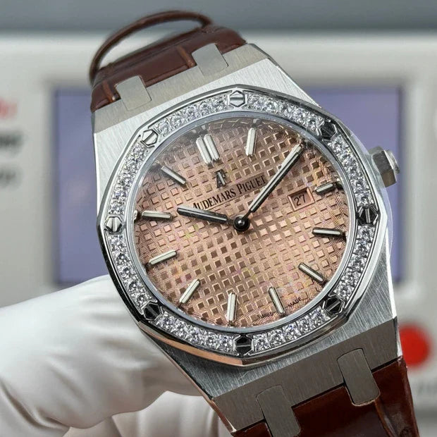 Audemars Piguet Royal 33mm Pink Gold Dial Diamond Bezel Crocodile Leather