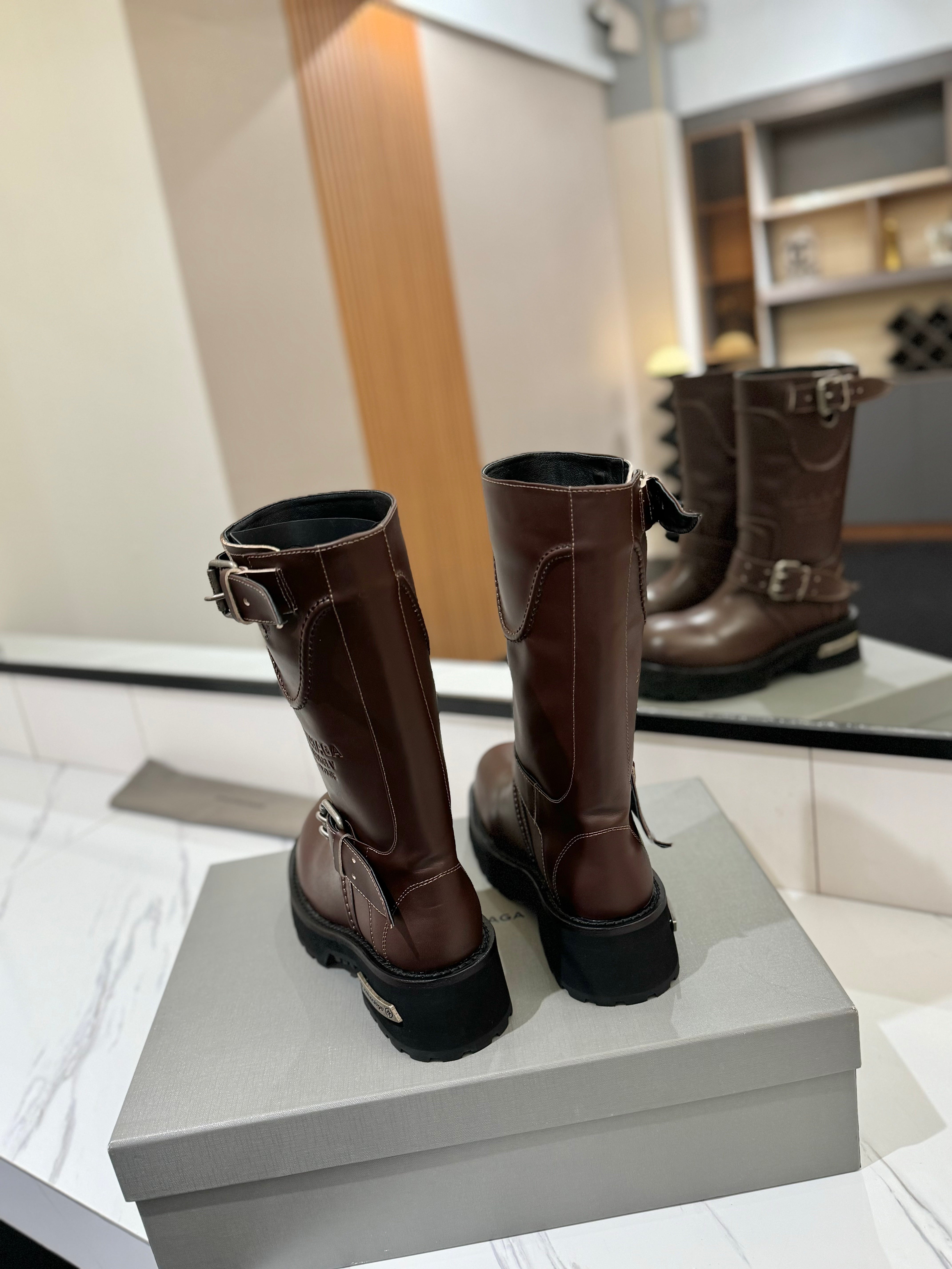 Balenciaga 25s buckled mid-calf boots brown calfskin 467614