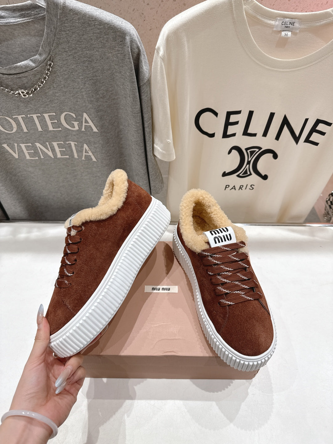 MiuMiu 25 Sneaker Brown Beige Suede Fur 535589