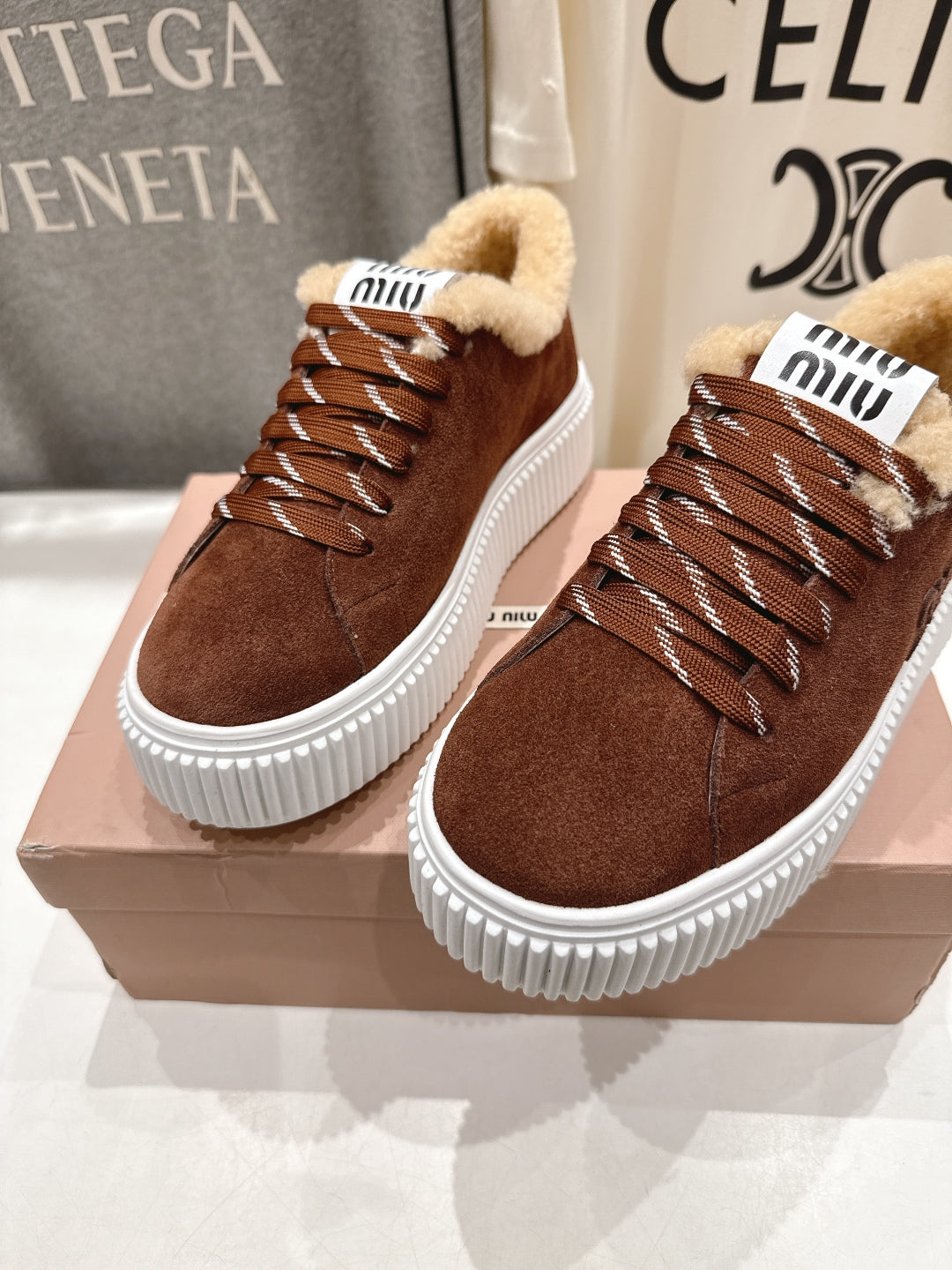 MiuMiu 25 Sneaker Brown Beige Suede Fur 535589