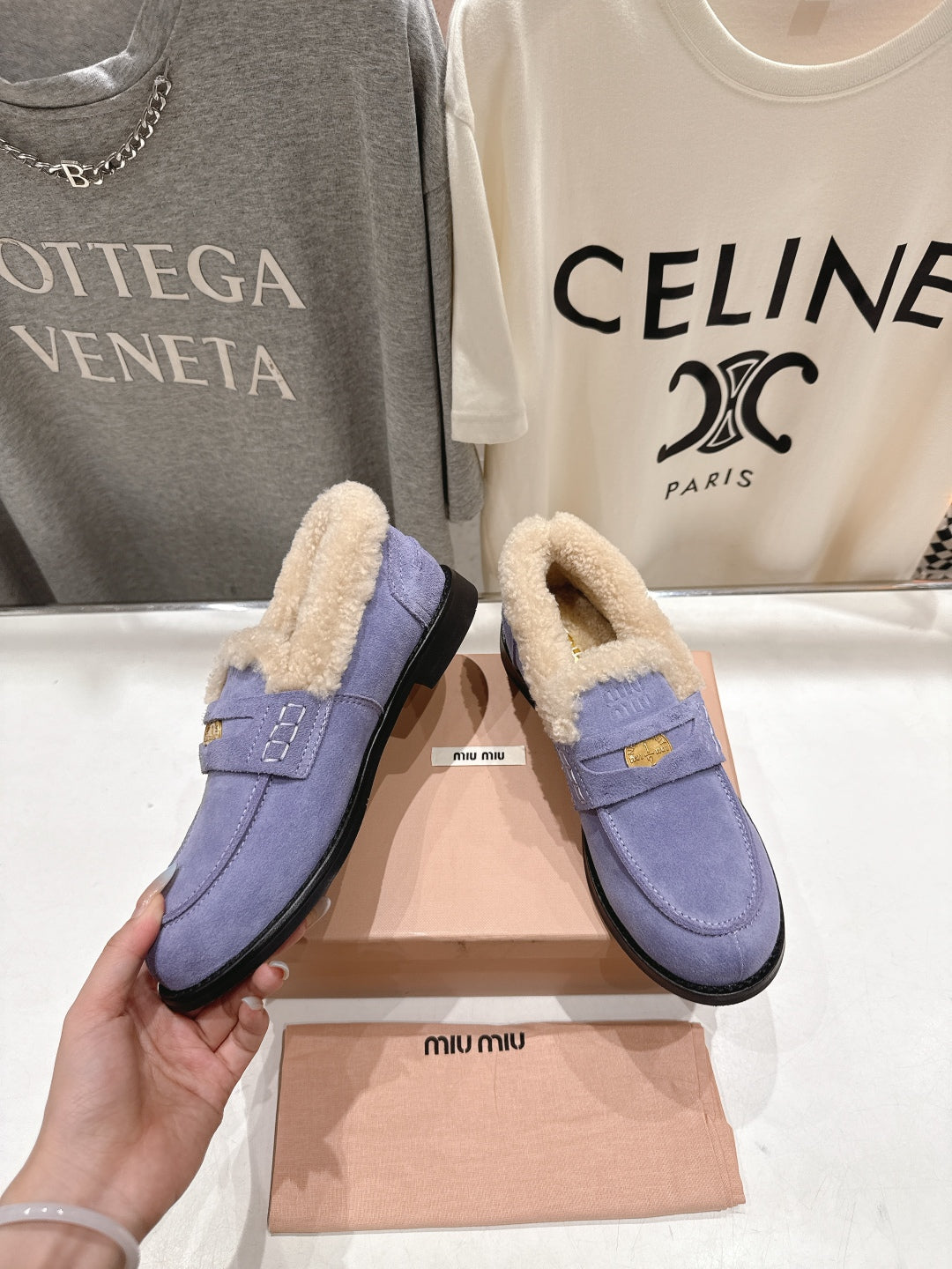 MiuMiu 25 Fur Loafer Light Purple mix Beige Suede 535599