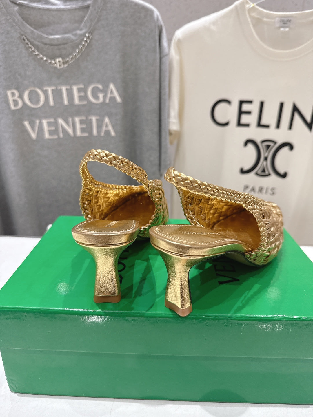 BV Parco Open-Back Sandals 5.5cm Gold Intrecciato Woven Leather 794443