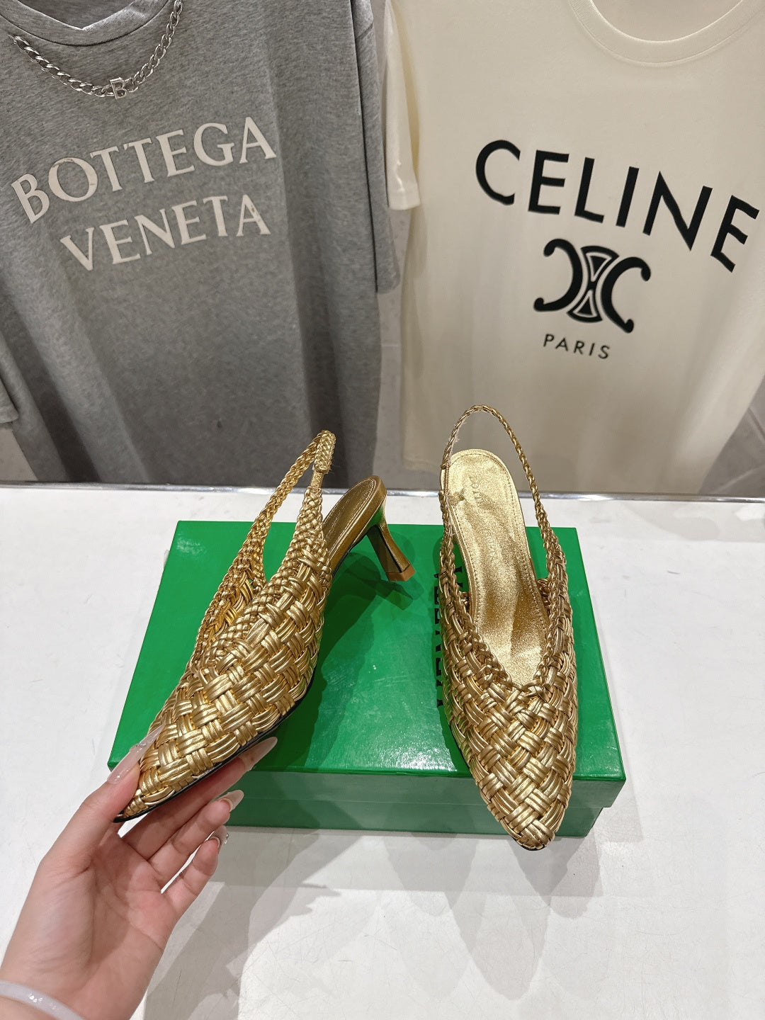 BV Parco Open-Back Sandals 5.5cm Gold Intrecciato Woven Leather 794443