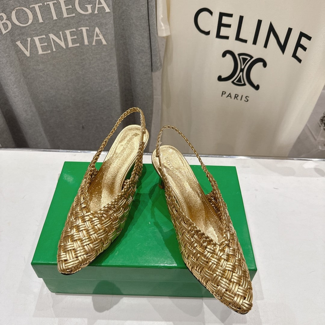 BV Parco Open-Back Sandals 5.5cm Gold Intrecciato Woven Leather 794443