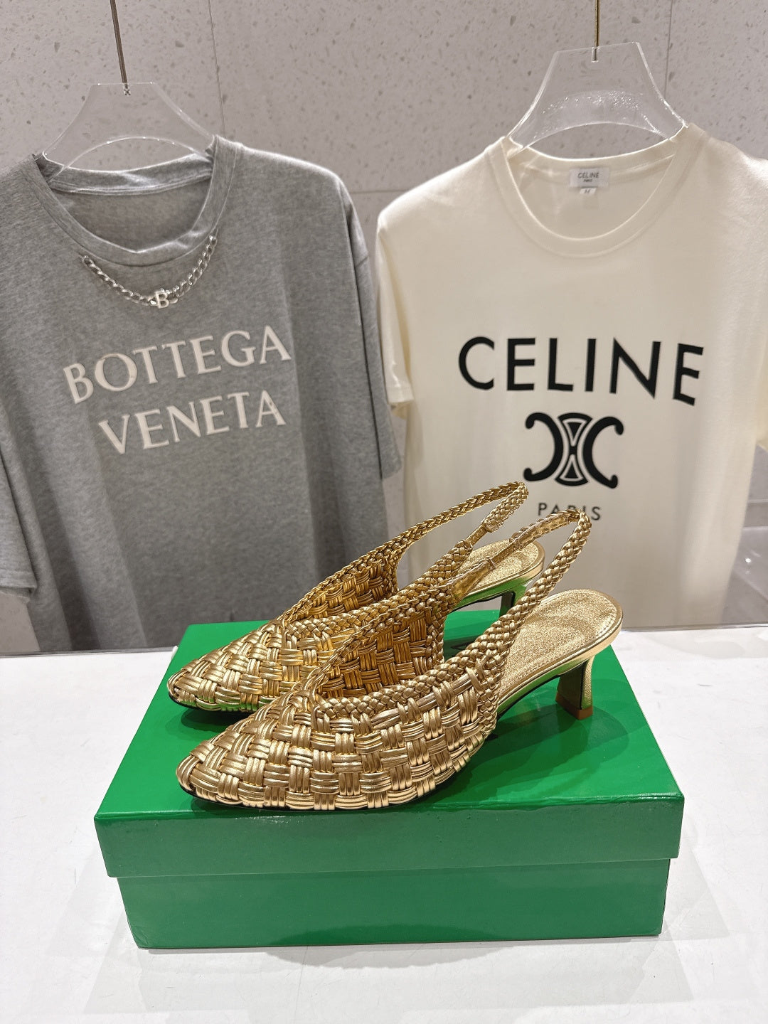 BV Parco Open-Back Sandals 5.5cm Gold Intrecciato Woven Leather 794443