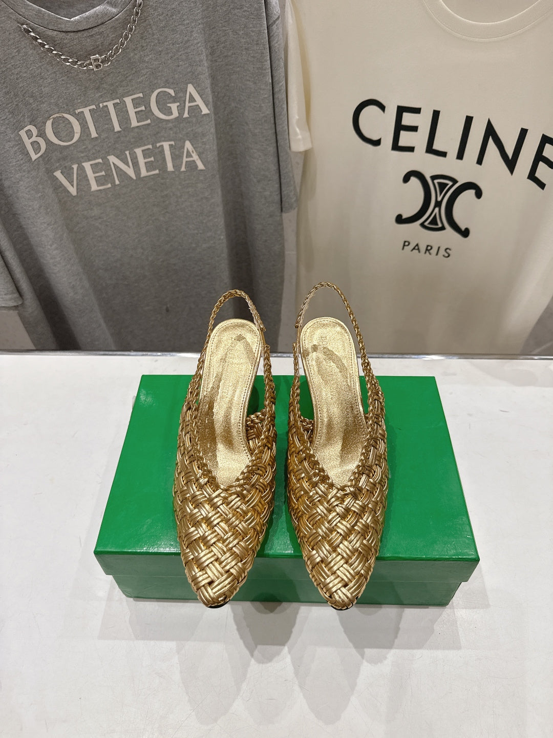 BV Parco Open-Back Sandals 5.5cm Gold Intrecciato Woven Leather 794443