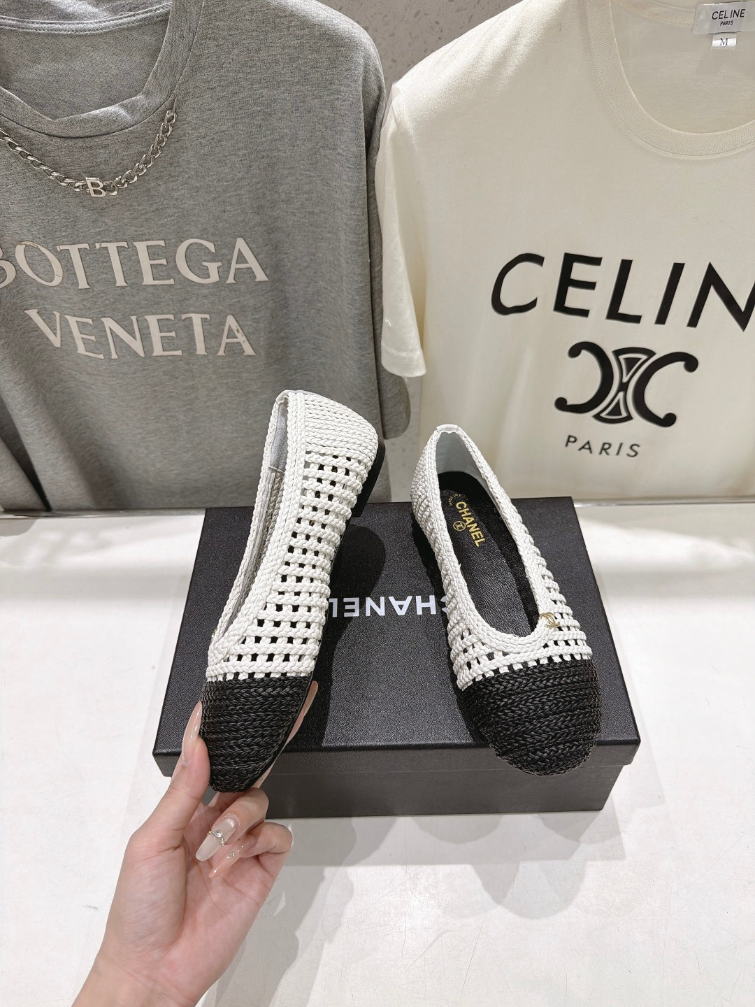 CC 26s Two-Tone Ballet Flats Black White Crochet 965103