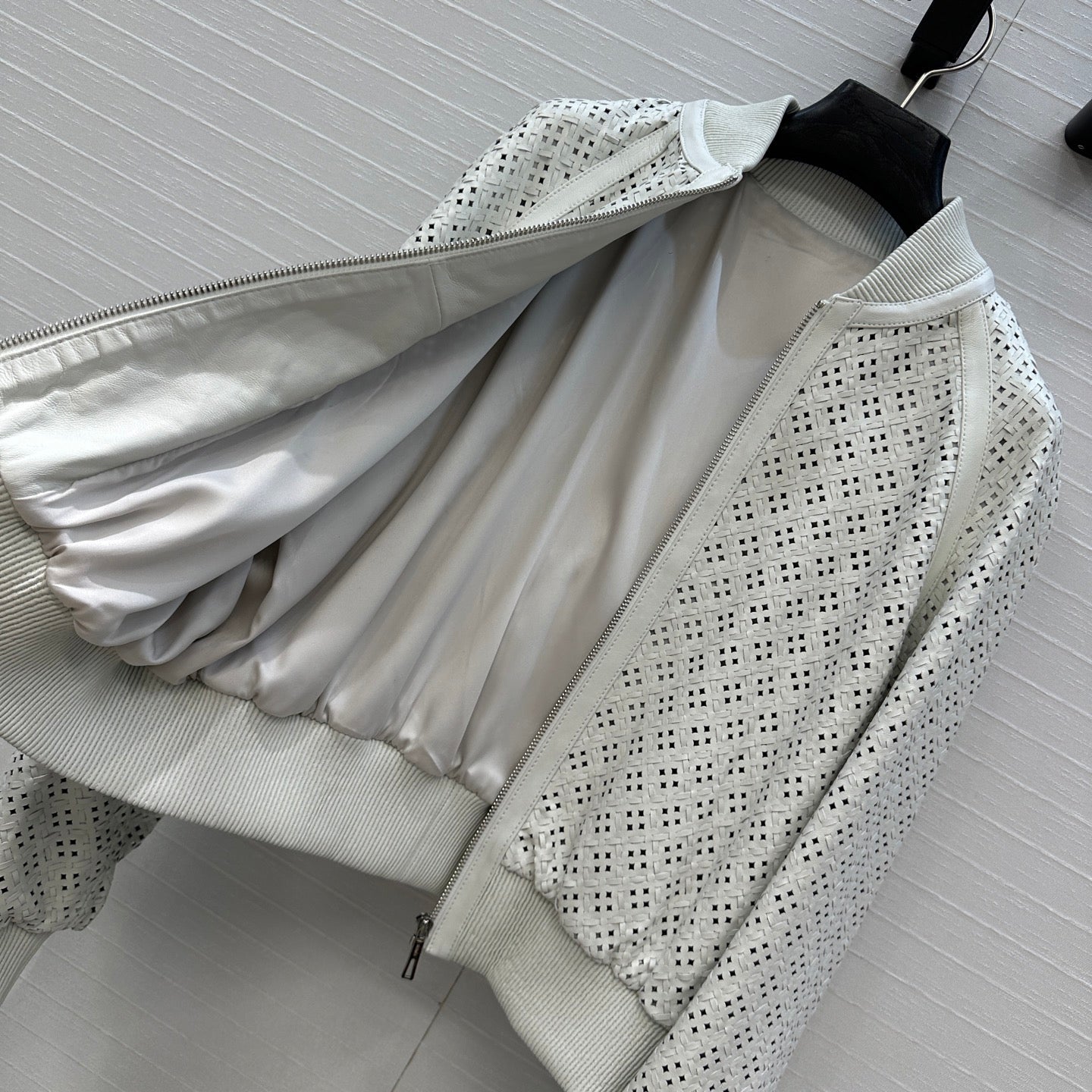 Gabriela Hearst Odin Bomber Jacket White Woven Leather 296373