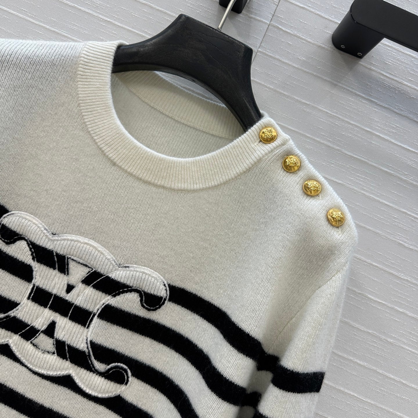 Chanel 2025 Striped Sweater White Black Cashmere 318640