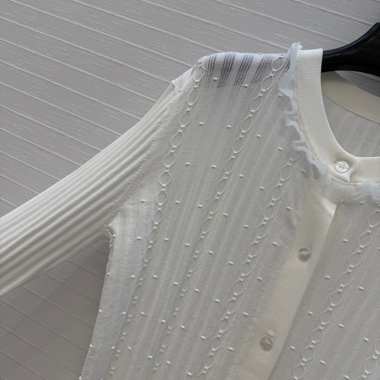 HM Long-Sleeve Sweater With Ruffled Details White Modal Nylon