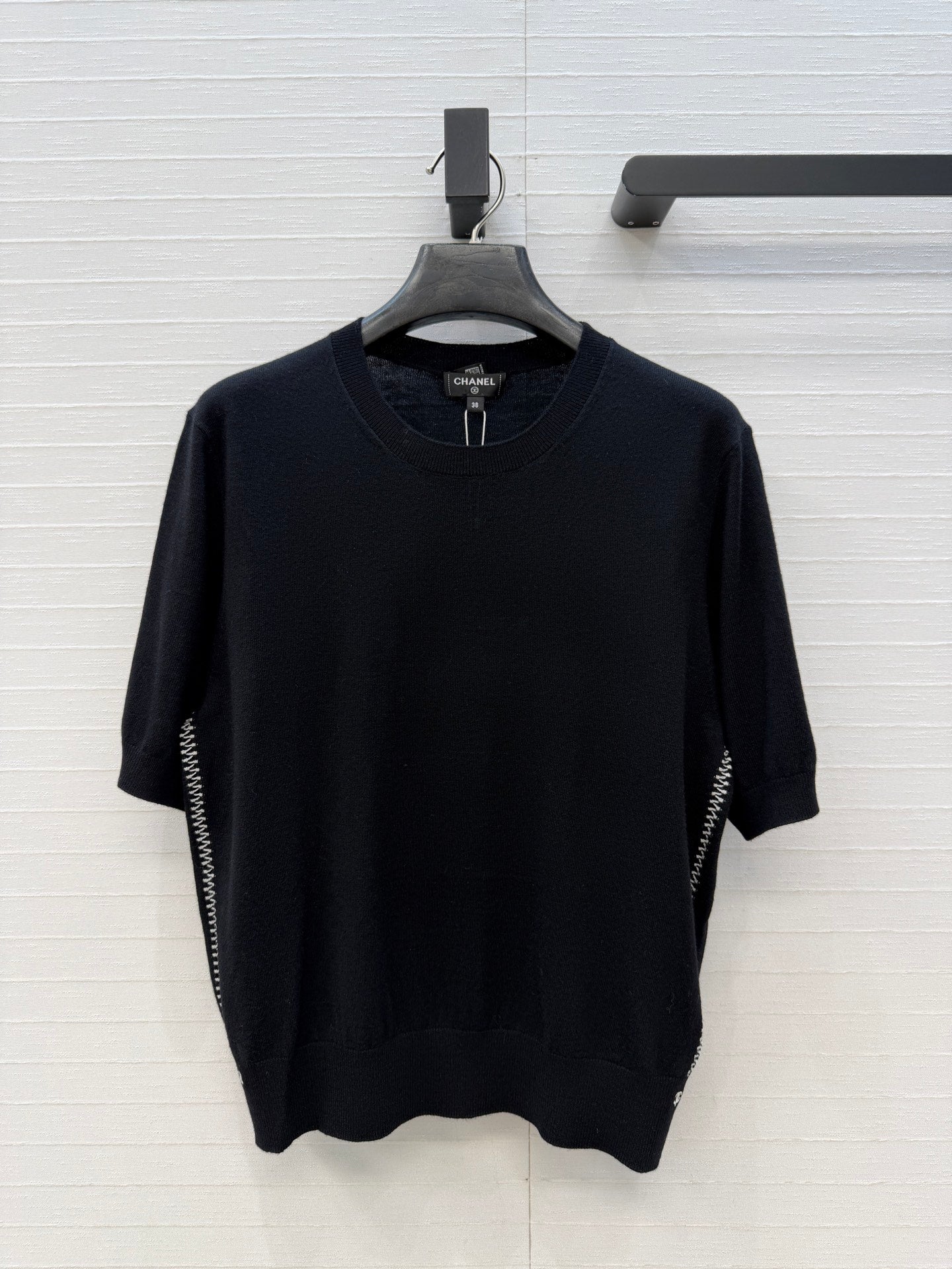 CC 26s Cross-Stitch Knit Short-Sleeved Top Black Cashmere 409391