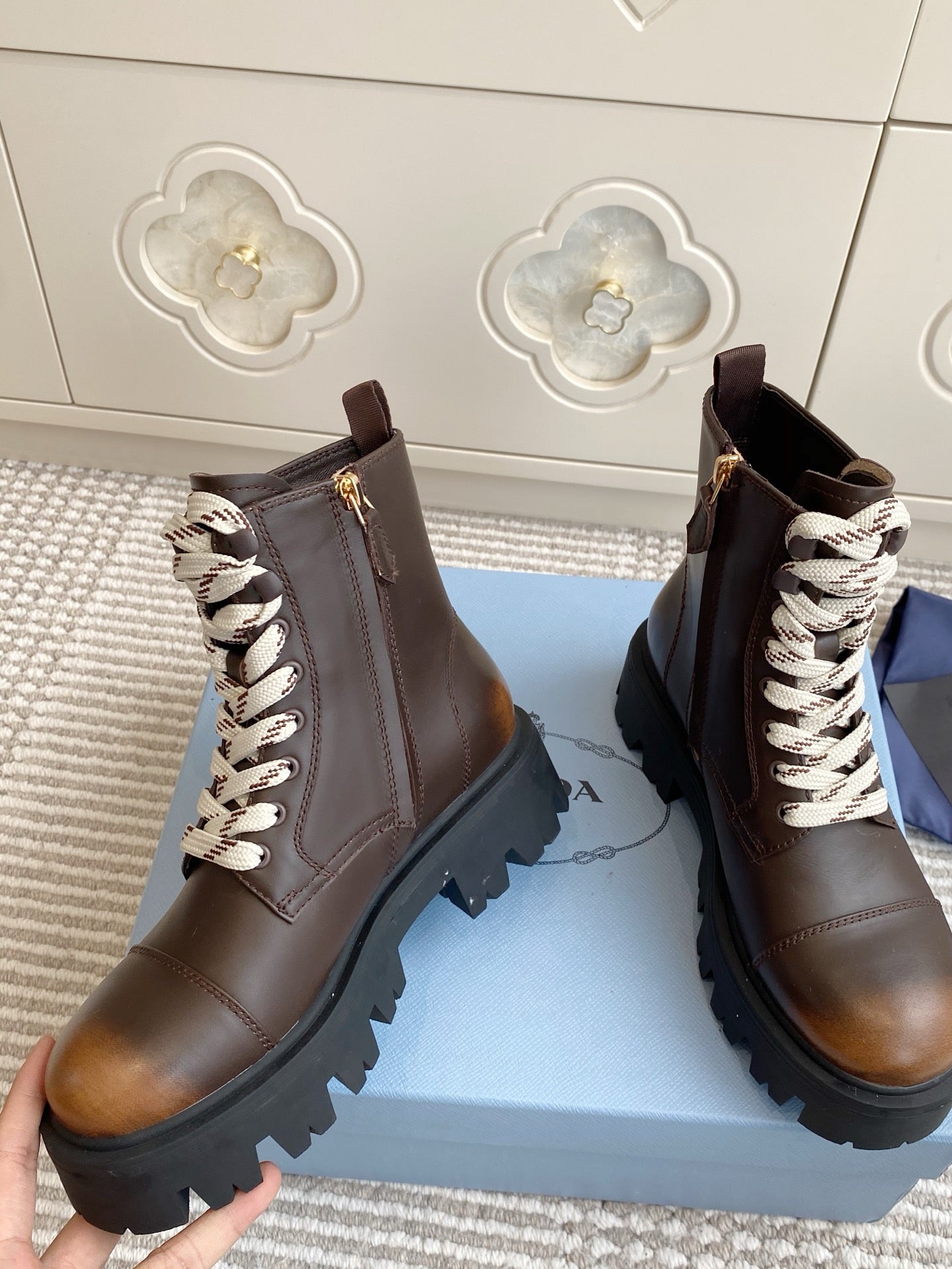 Prada 26s Combat Boots Coffee Leather 957397