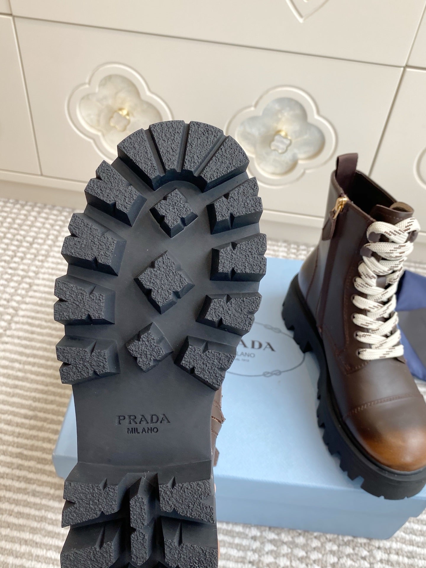 Prada 26s Combat Boots Coffee Leather 957397