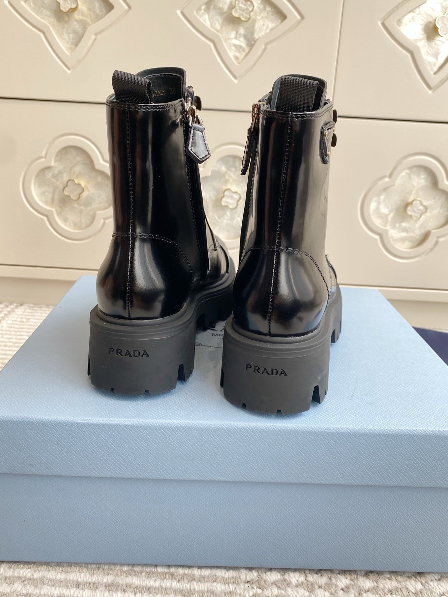Prada 26s Combat Boots Black Plaque Leather 957398