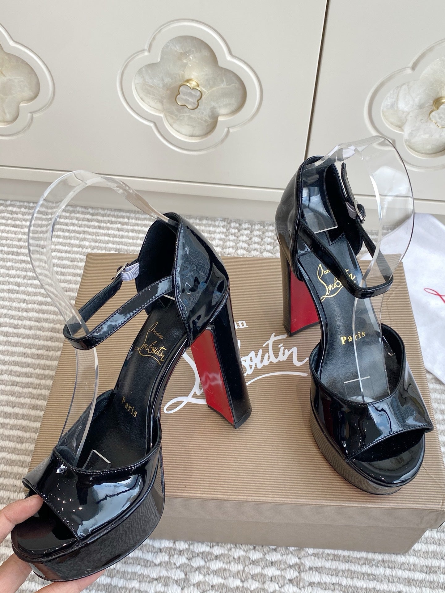 CL Sandaloo Ankle-Strap Platform Sandal Black Patent Leather 542786