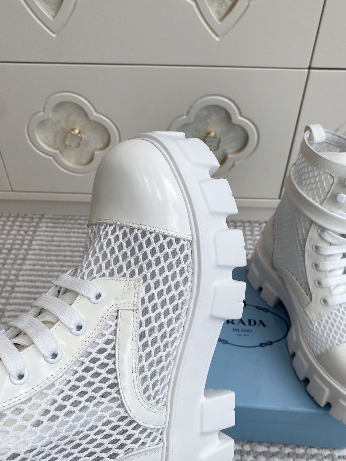 Prada 26s Combat Boots White Mesh Leather 140367