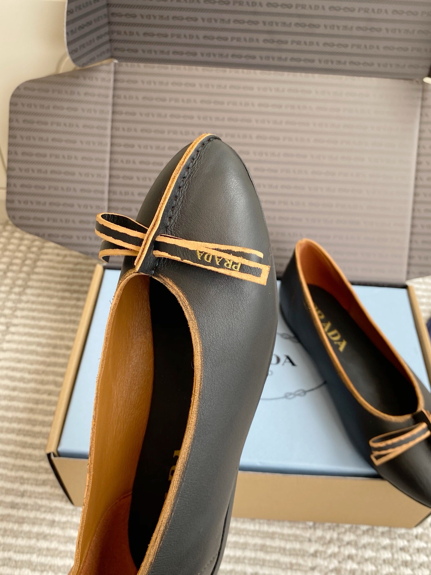 Prada 26s Antiqued Ballerinas Chalk Black Lambskin 859008