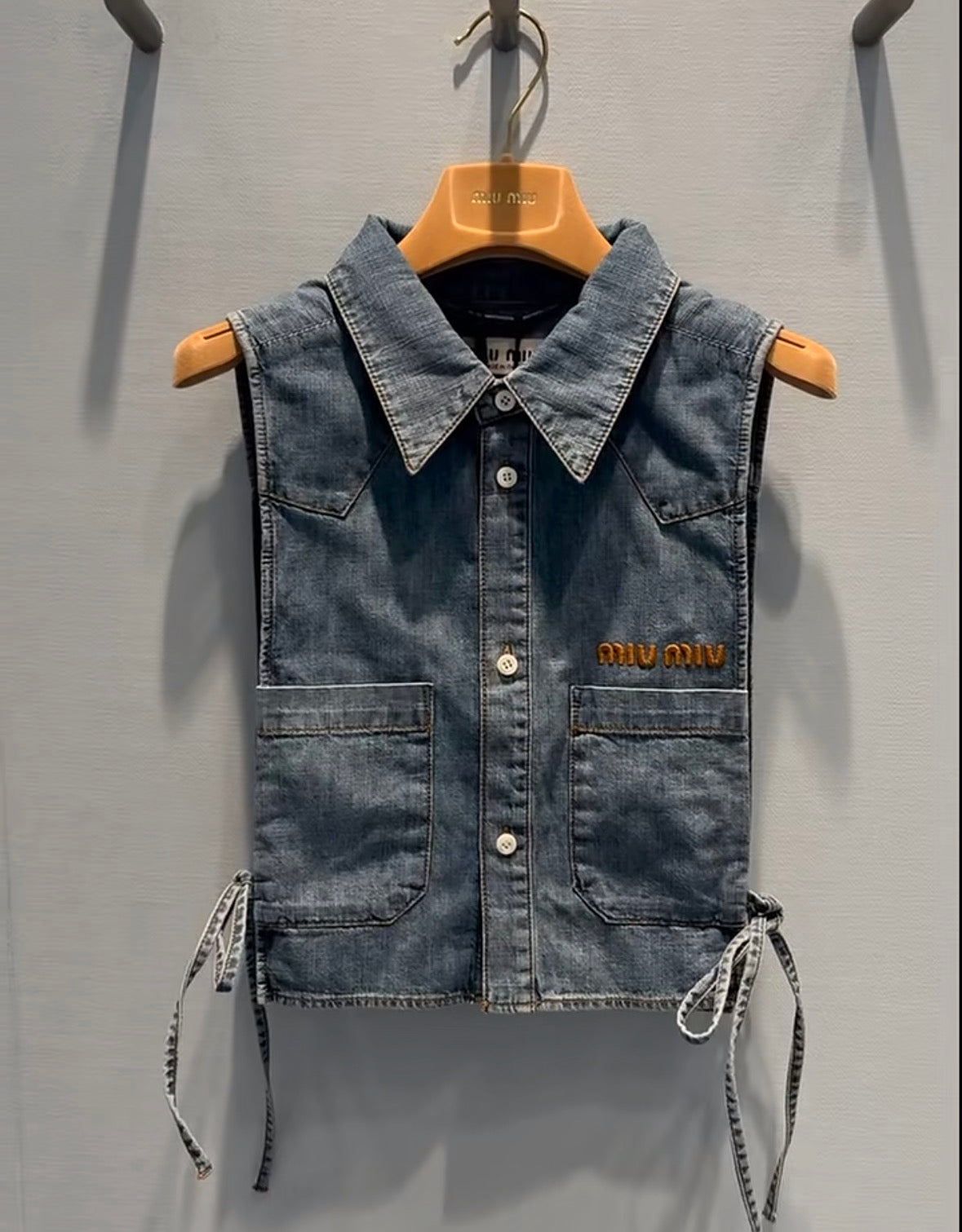 Miu Cropped Chambray Tie Shirt Sapphire Grey Denim