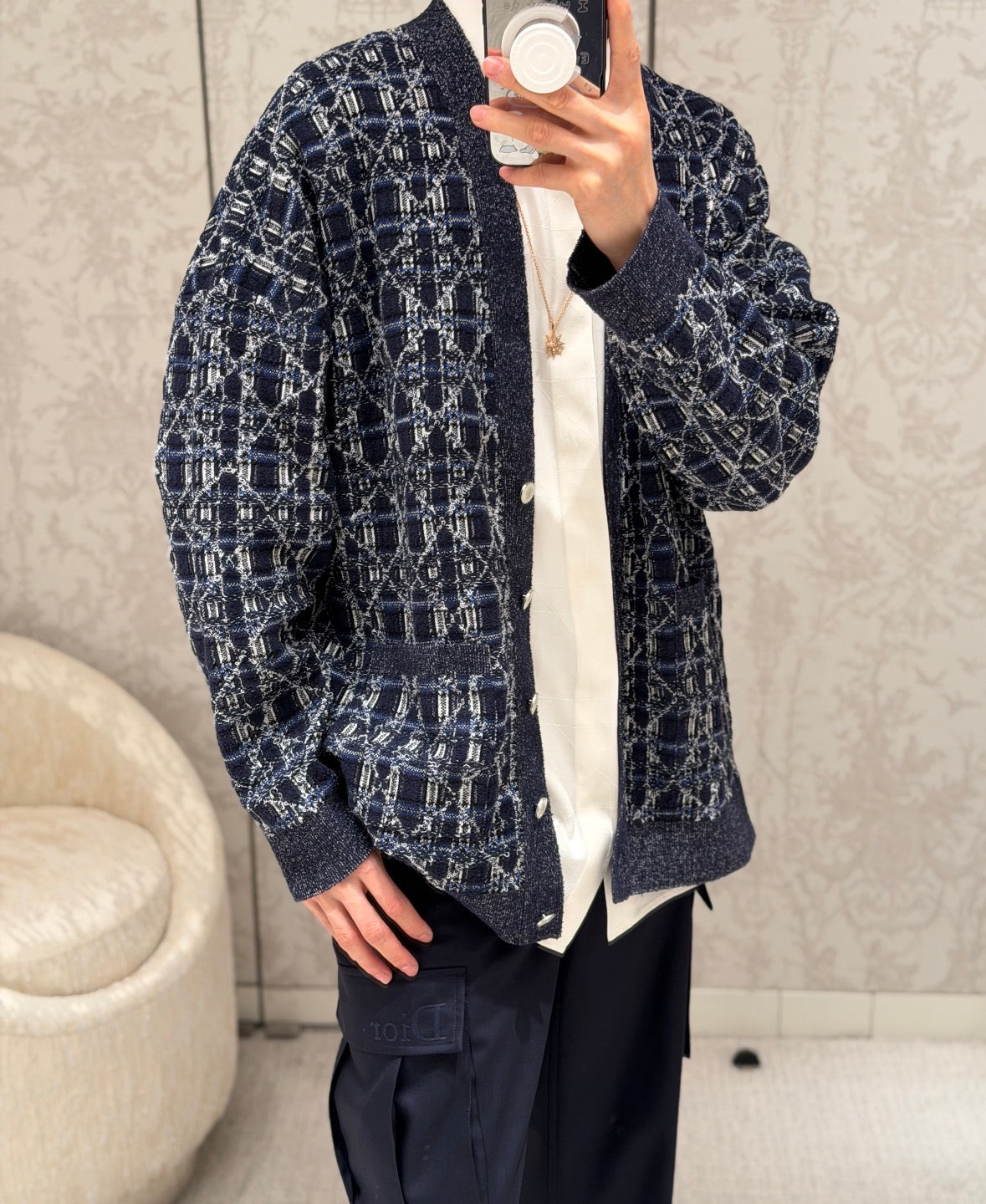 CD Oversized Cannage Cardigan Navy Blue Cotton-Blend Knit