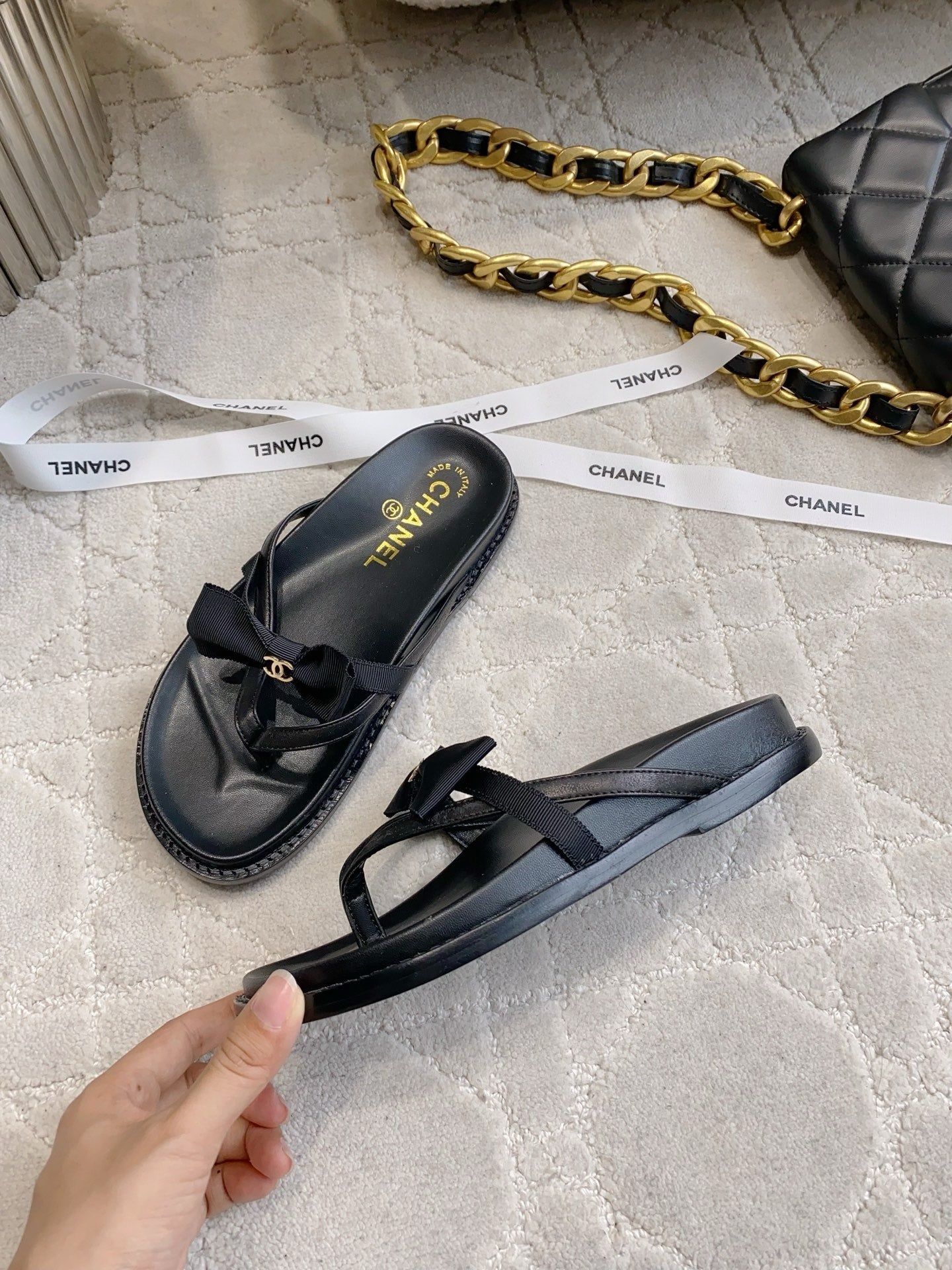 CC 26s Bow Thong Sandals Black Lambskin 723722