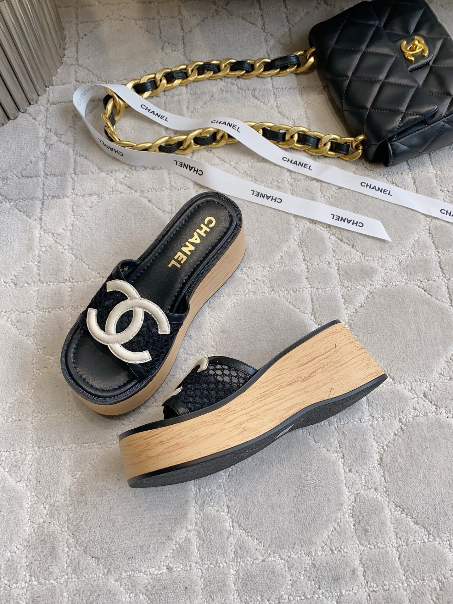 CC Logo Platform Sandals Black Lambskin 723734