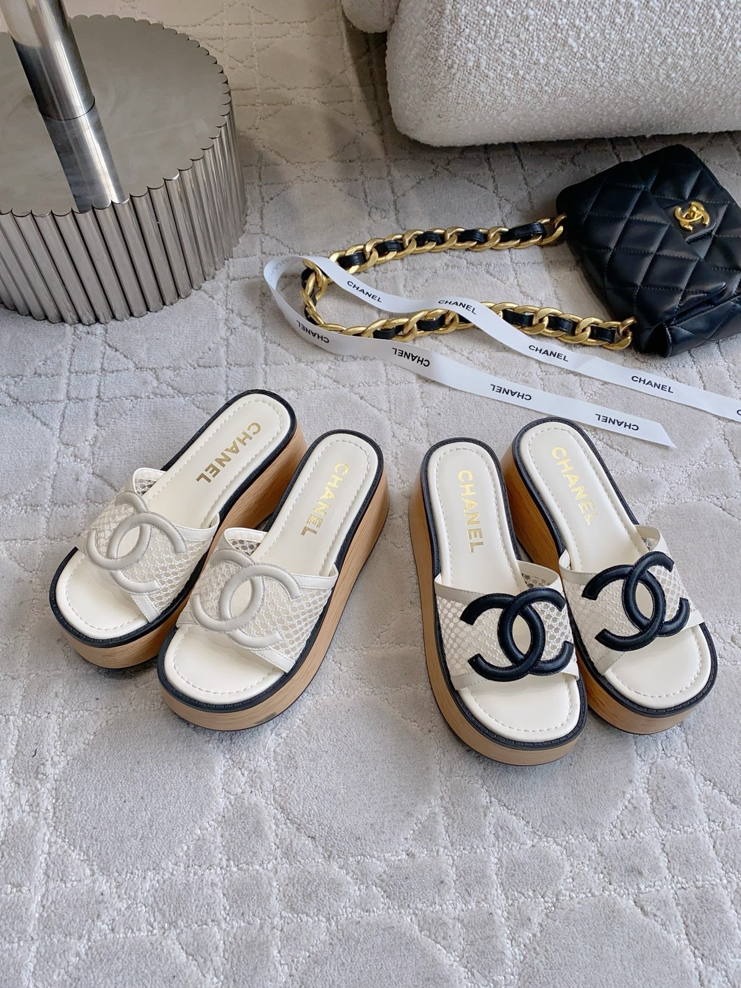 CC Logo Platform Sandals White Lambskin 723737
