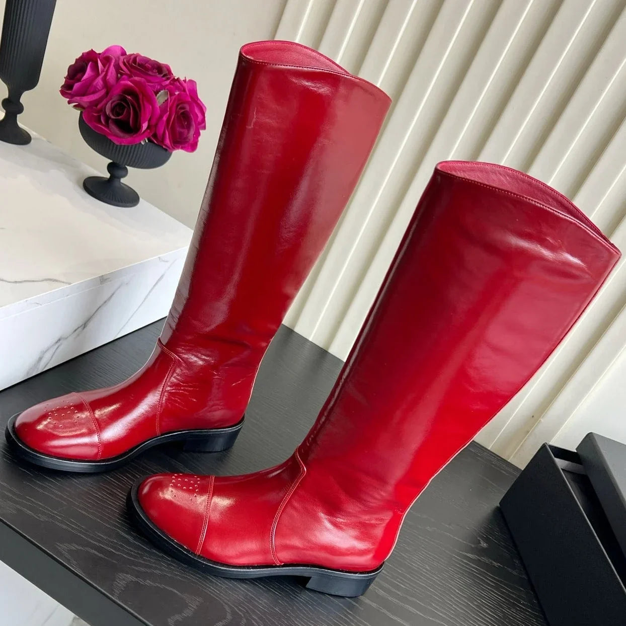 Chanel 2026 Perforated Toe Long Boots Patent Leather 977237