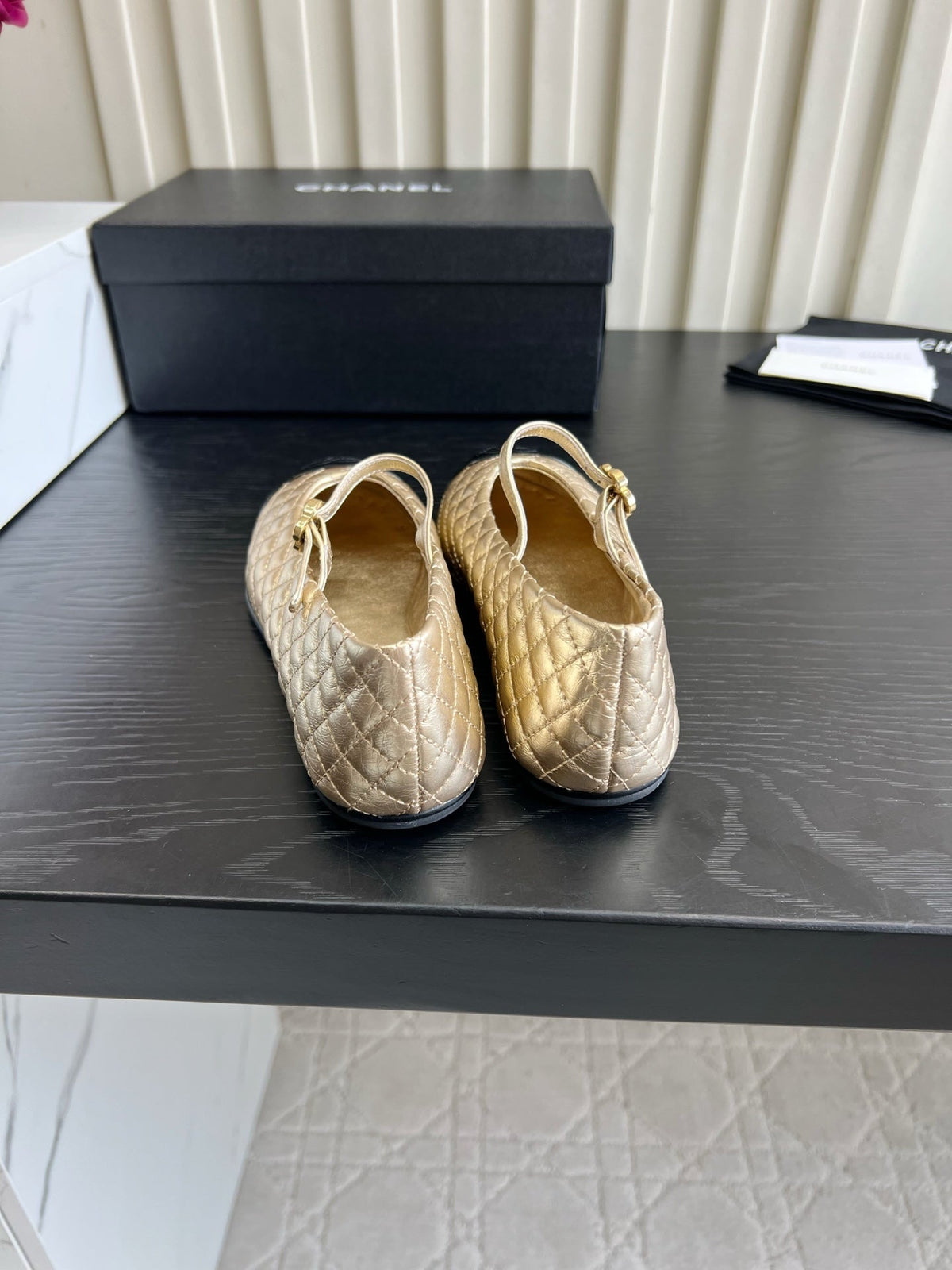 CC 26s Mary Jane Flats Gold/Black Quilted Lambskin 183488