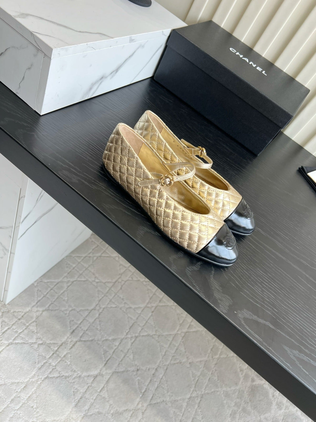 CC 26s Mary Jane Flats Gold/Black Quilted Lambskin 183488