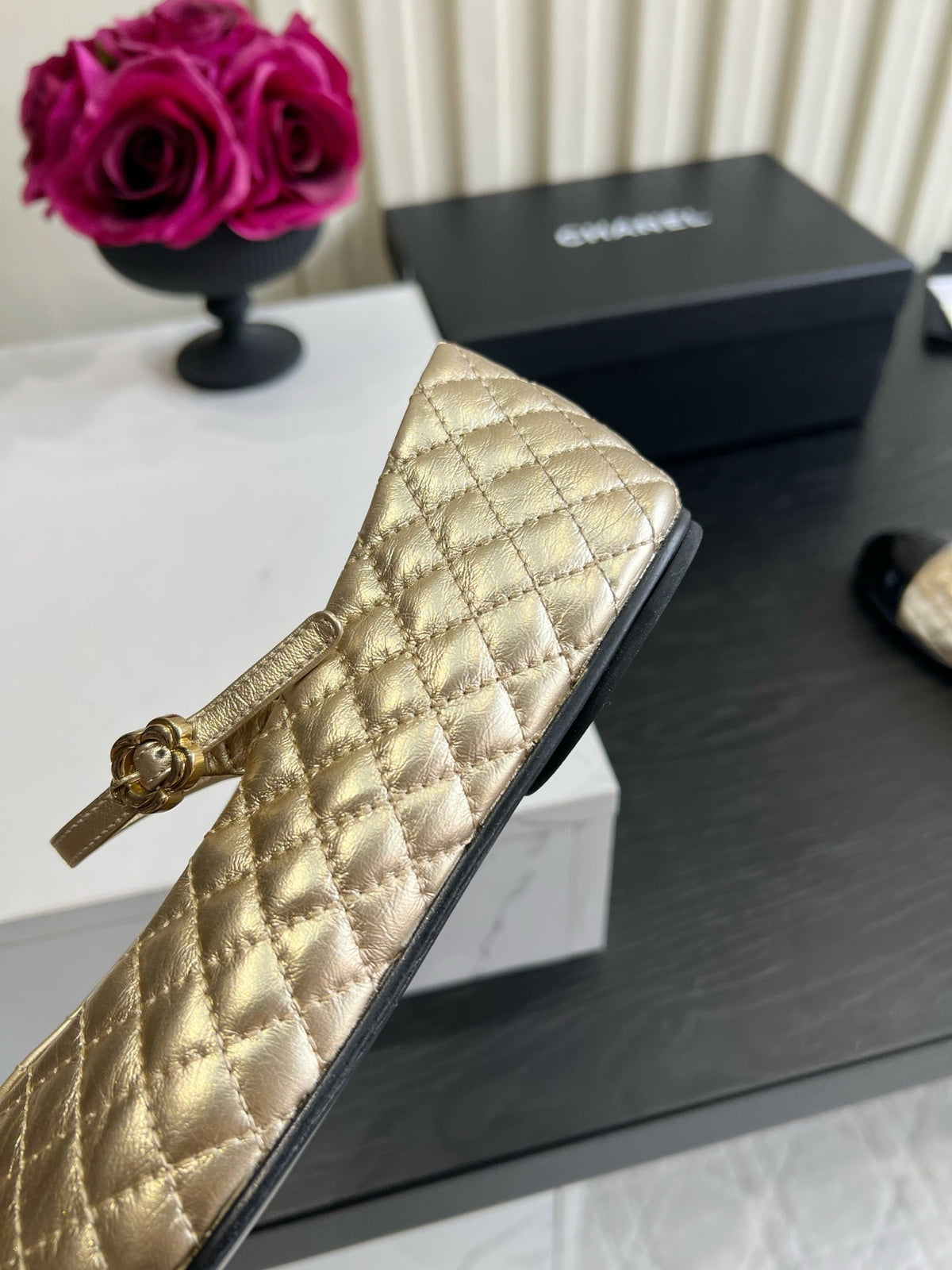 CC 26s Mary Jane Flats Gold/Black Quilted Lambskin 183488