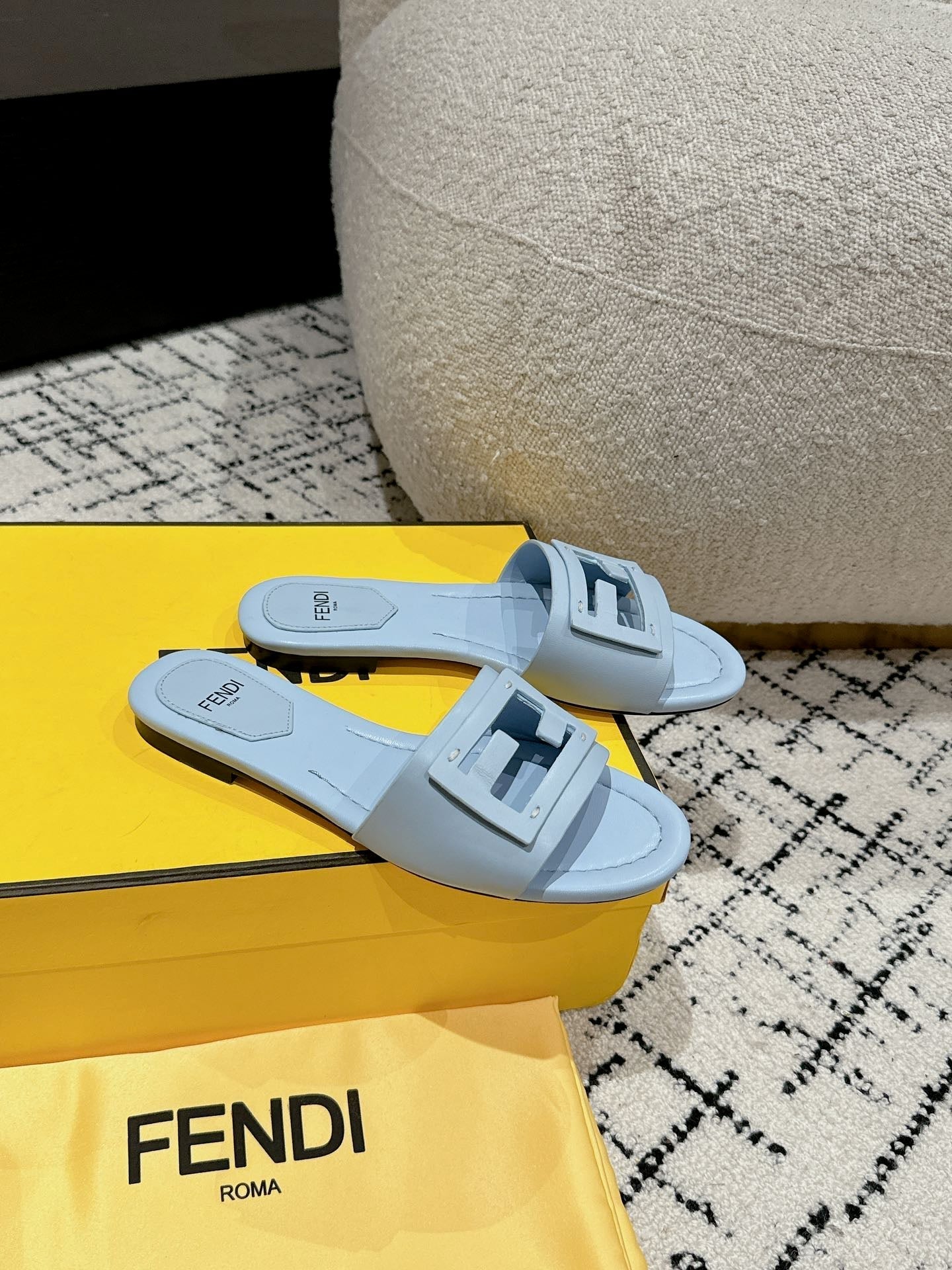 FF Baguette Baby Blue Leather Slide