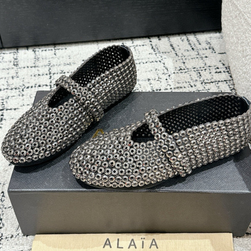 Alaia 25 Embellished Mary Jane Flats Silver Suede 293180