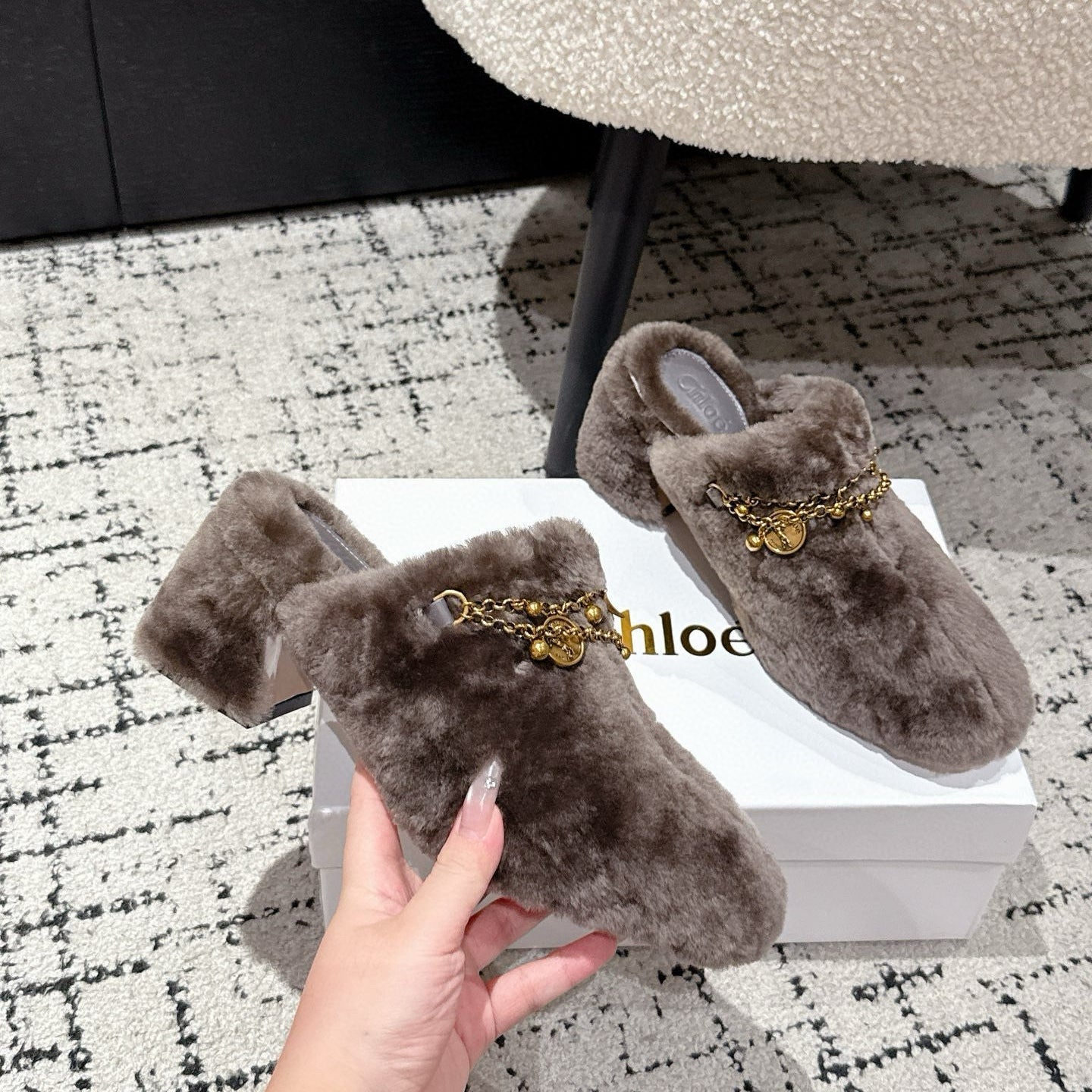 Chloe Covered Fur Slippers Dark Brown Wool 514329