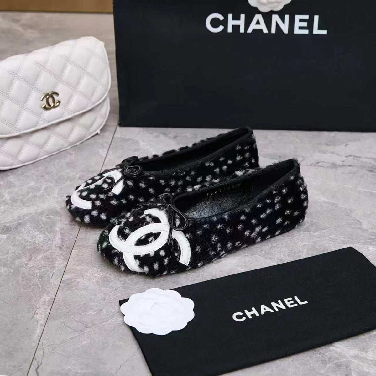 Chanel 26s Ballet Flats Black White Pony Hair 168234