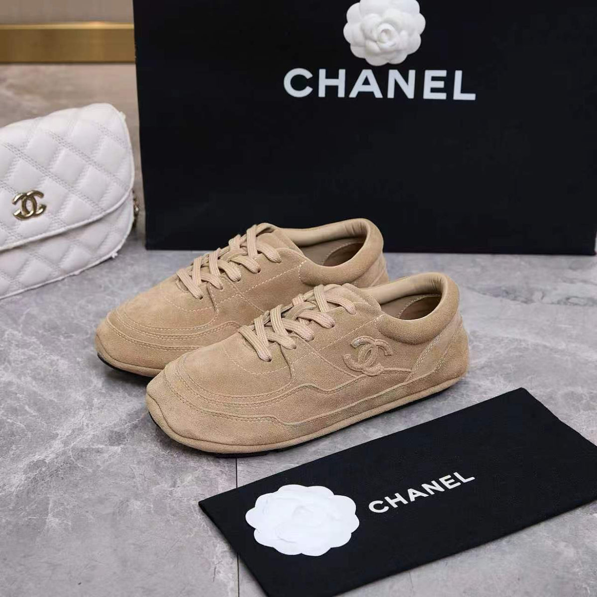 Chanel 26s Sneakers Beige Suede 168245