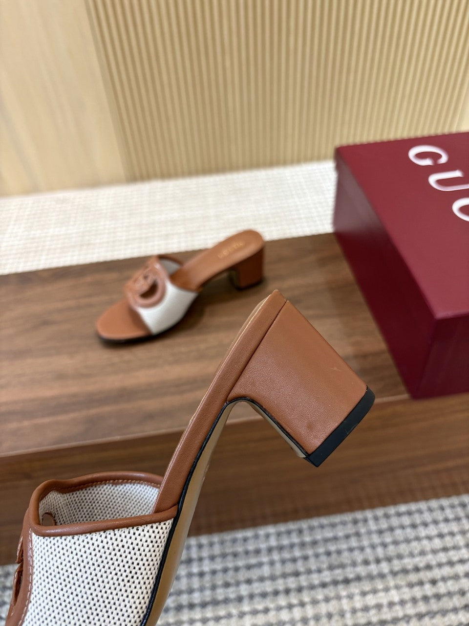 GG Interlocking G Cutout Sandals 5.5cm Brown Sheepskin Mesh 646494