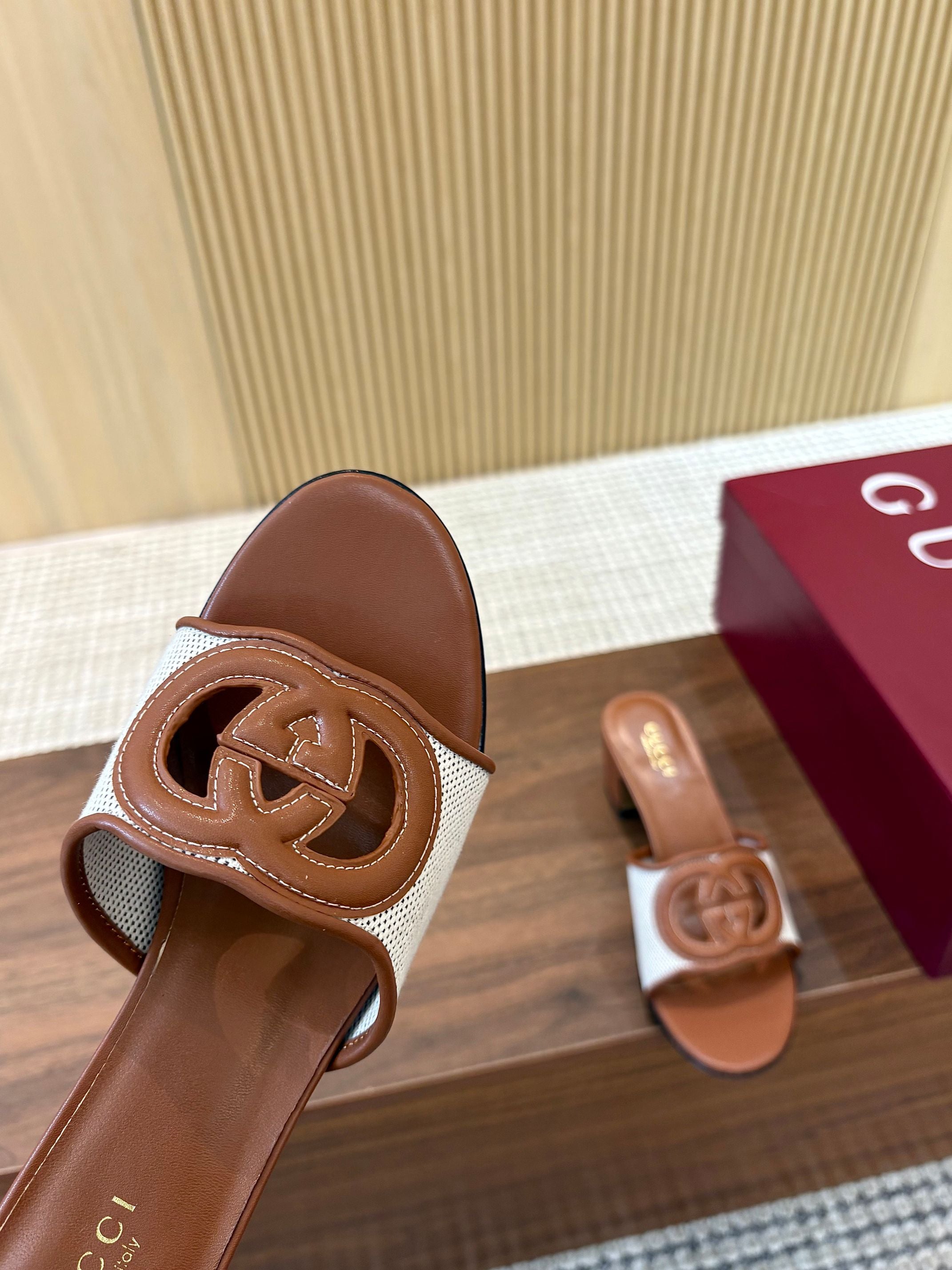 GG Interlocking G Cutout Sandals 5.5cm Brown Sheepskin Mesh 646494