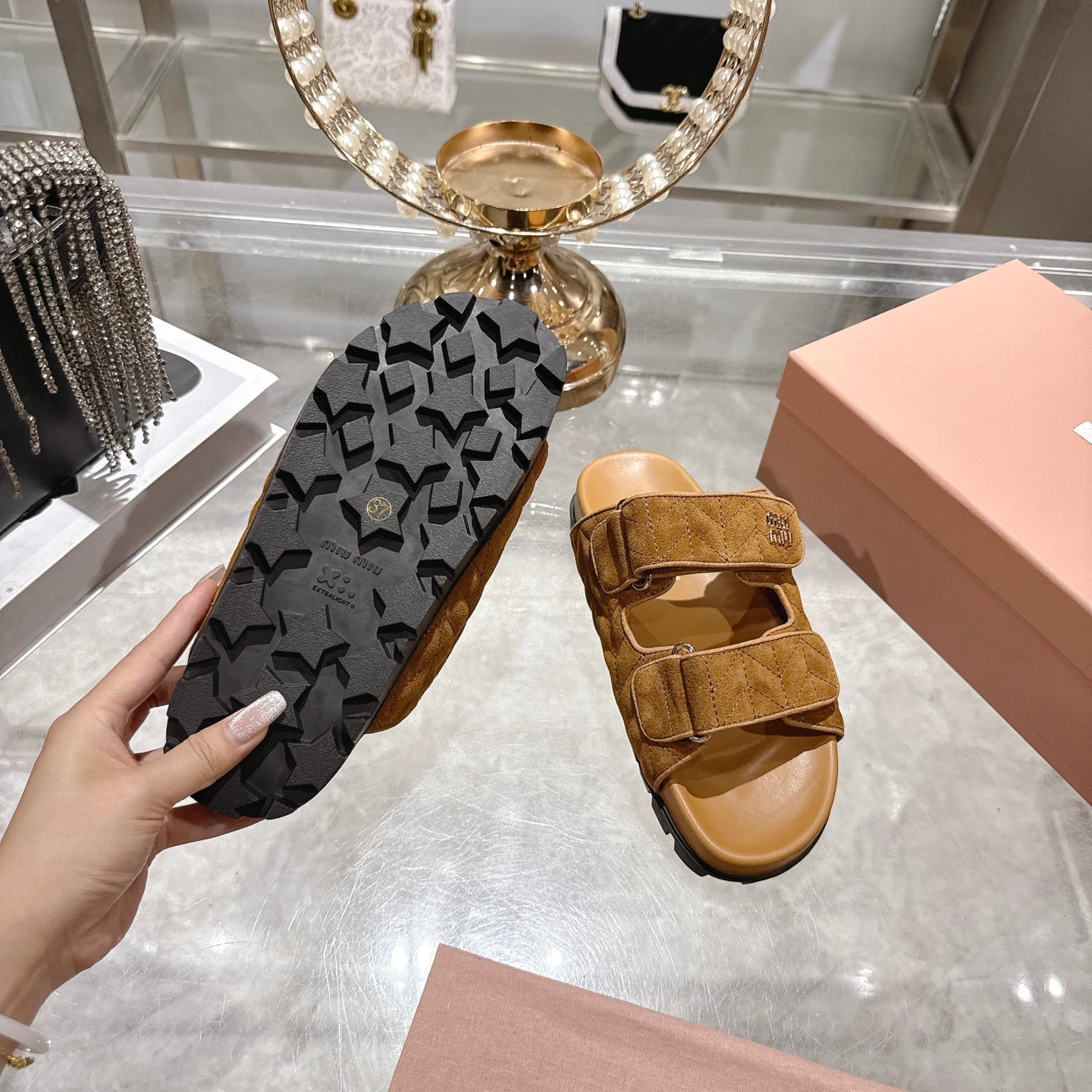 Miu Comfort Sandals Brown Quilted Suede 751302