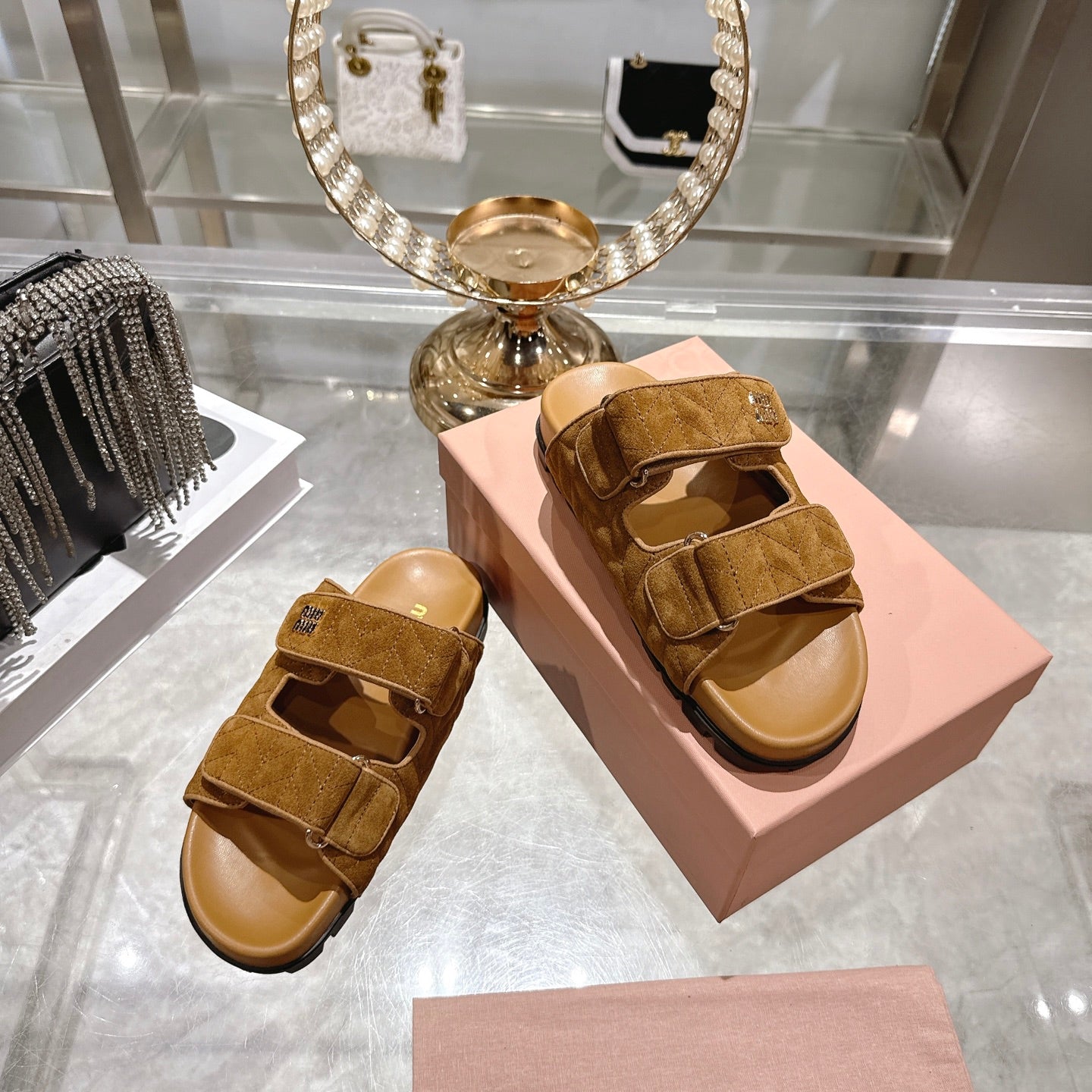 Miu Comfort Sandals Brown Quilted Suede 751302