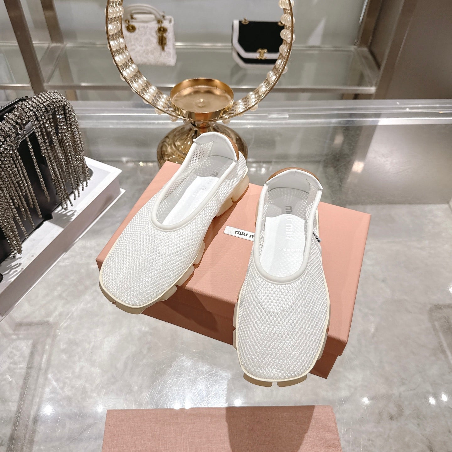 Miu Ballerinas White Light Brown Technical Mesh Leather 751305