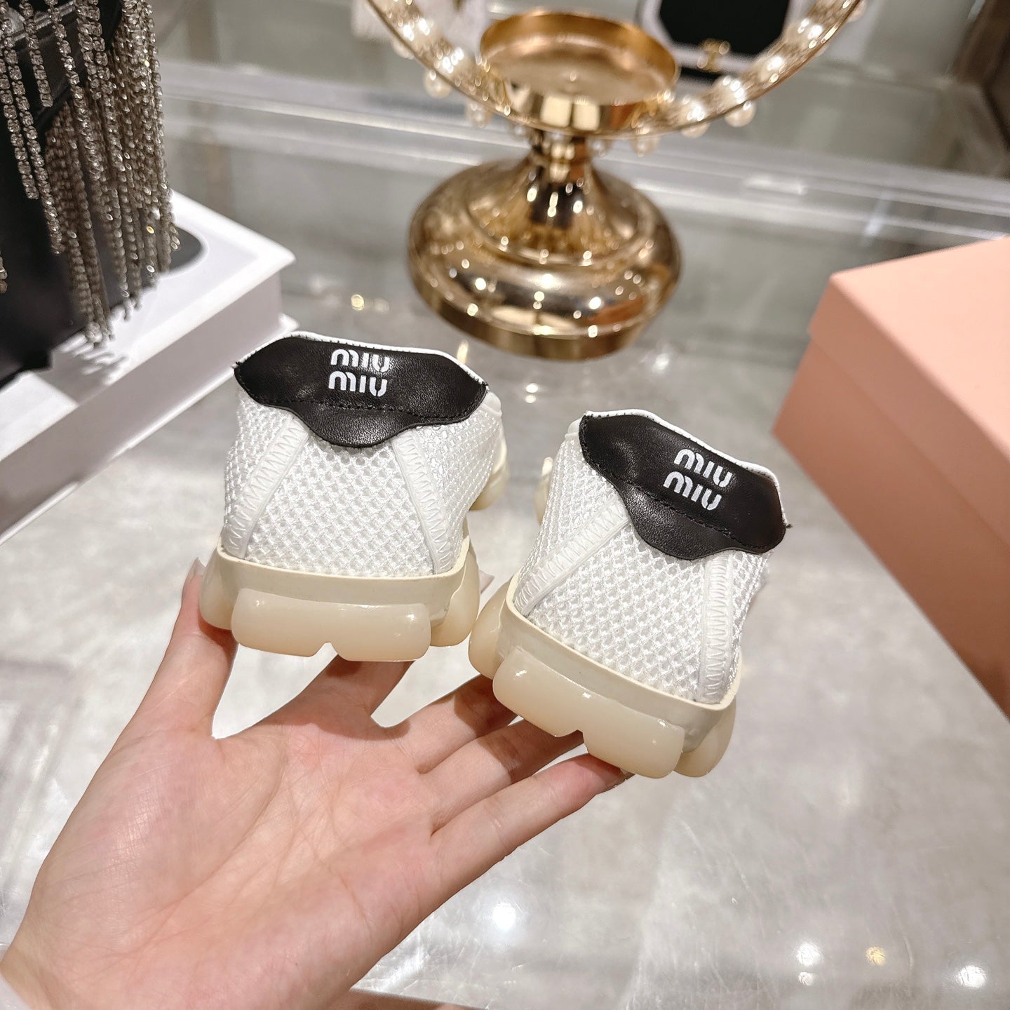 Miu Ballerinas White Black Technical Mesh Leather 751306