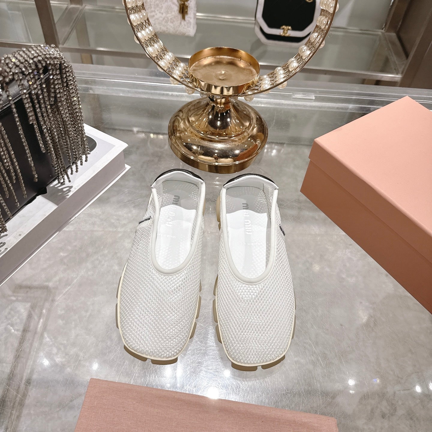 Miu Ballerinas White Black Technical Mesh Leather 751306