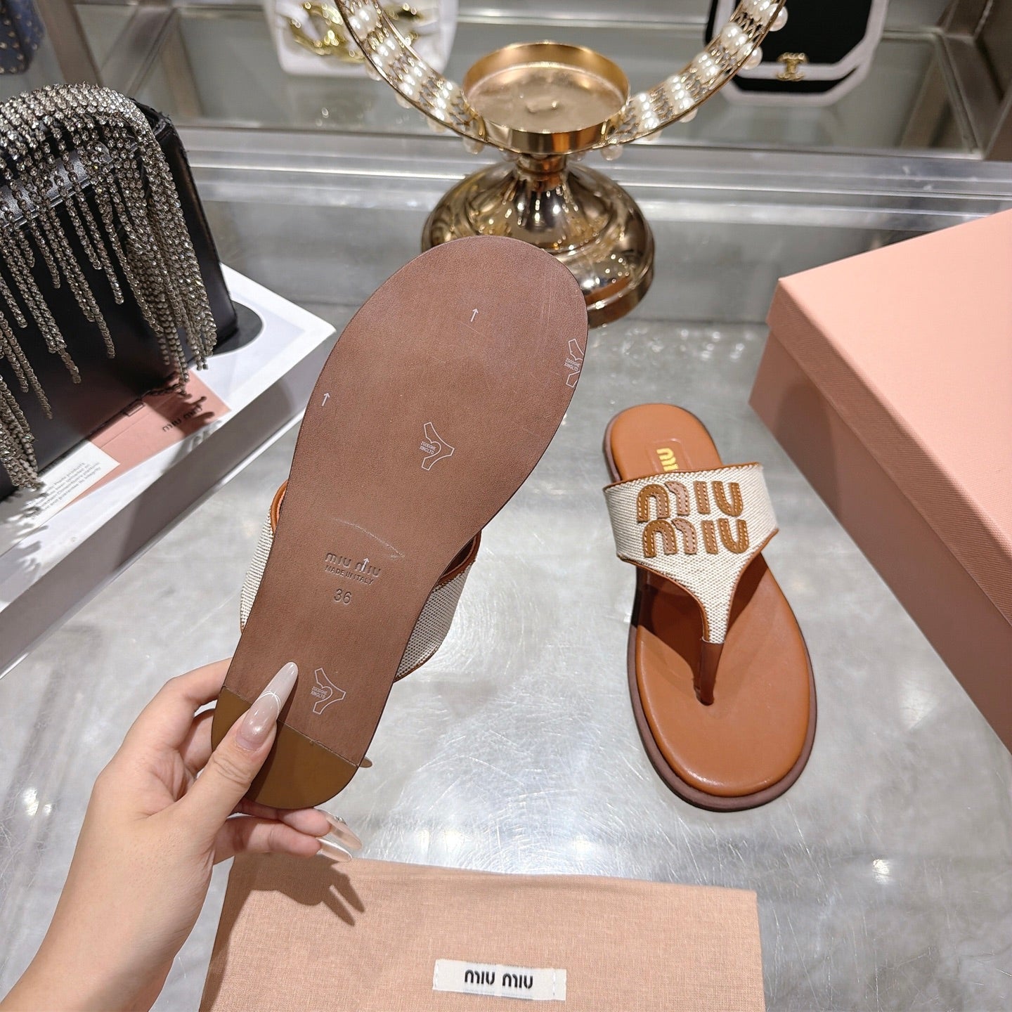 Miumiu 26s Thong Sandals In Beige Canvas And Cognac Brown Calfskin Logo
