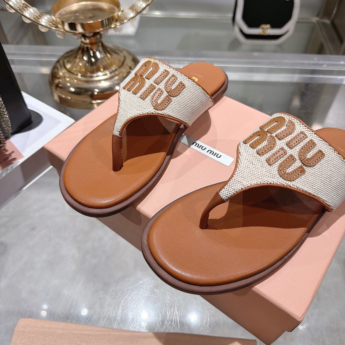 Miumiu 26s Thong Sandals In Beige Canvas And Cognac Brown Calfskin Logo