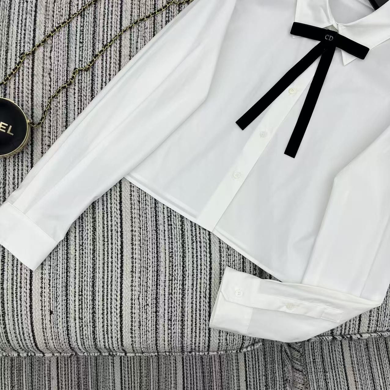 CD Long-Sleeve Blouse With A Black Bow Tie