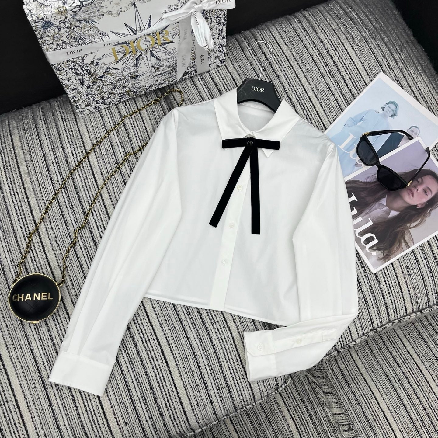 CD Long-Sleeve Blouse With A Black Bow Tie