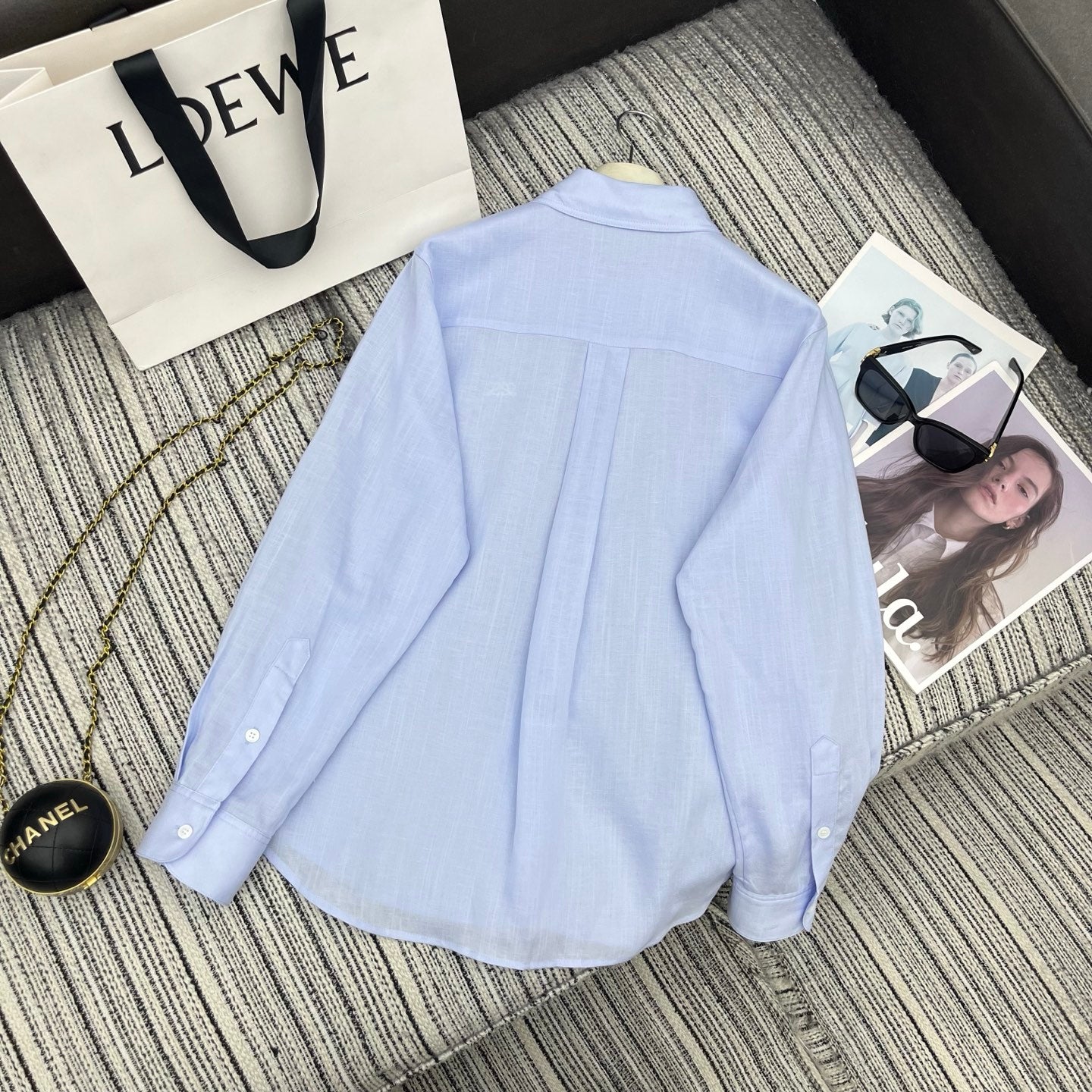 Loewe Embroidered Logo Collared Long-Sleeved Shirt Light Blue Cotton