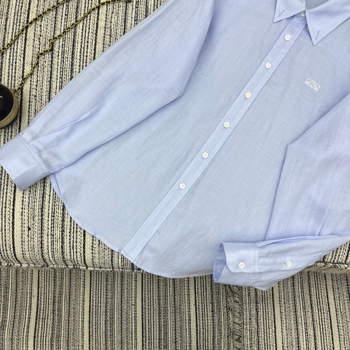 Loewe Embroidered Logo Collared Long-Sleeved Shirt Light Blue Cotton