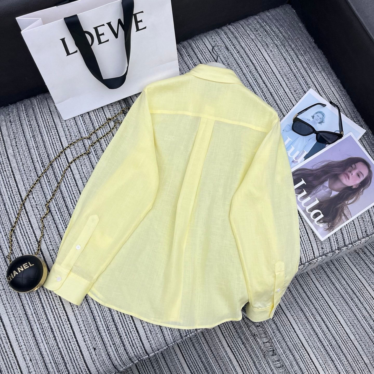 Loewe Embroidered Logo Collared Long-Sleeved Shirt Light Yellow Cotton
