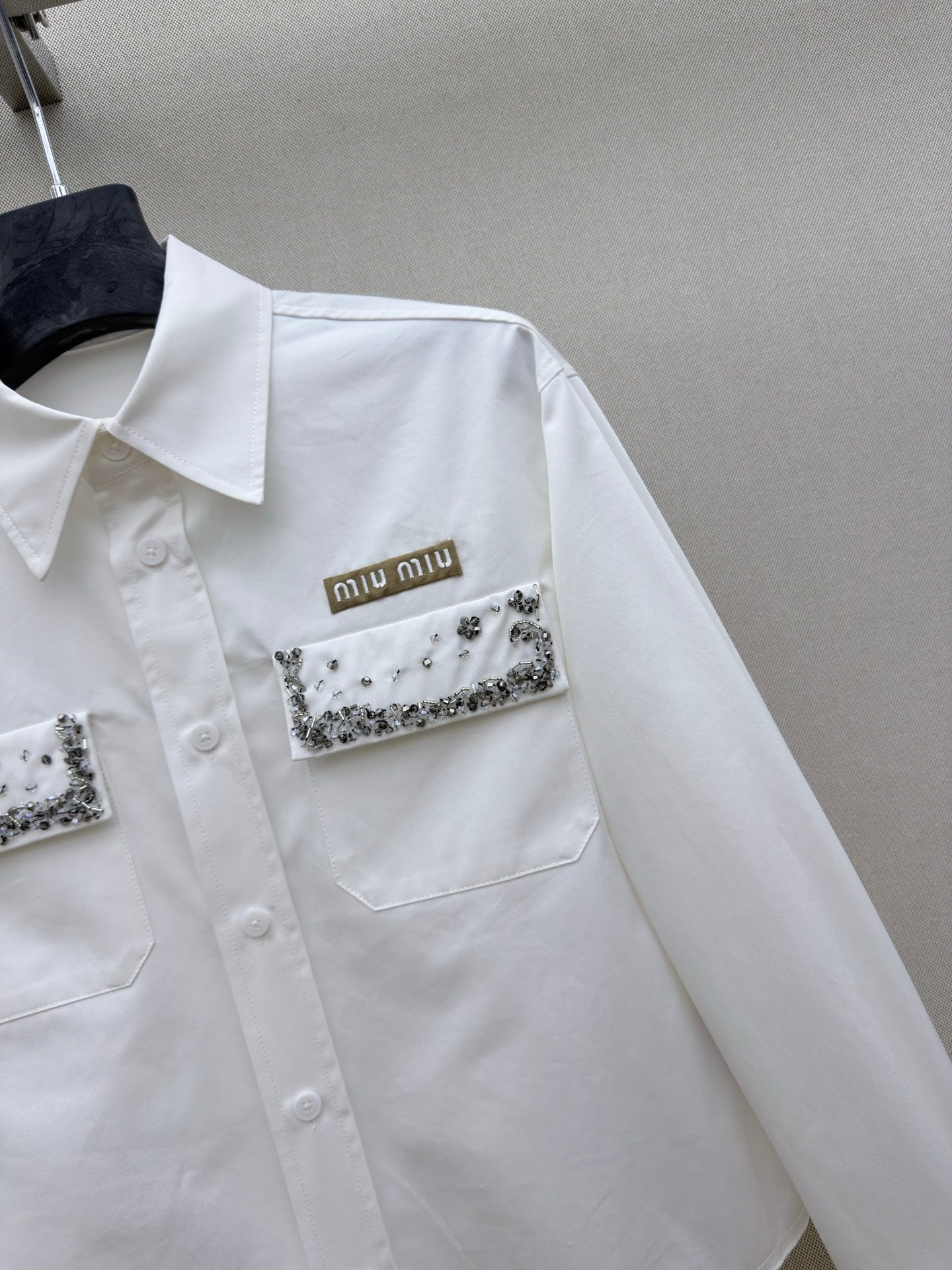 Miu Long-Sleeved Shirt With Heavy-Duty Rhinestone White Cotton